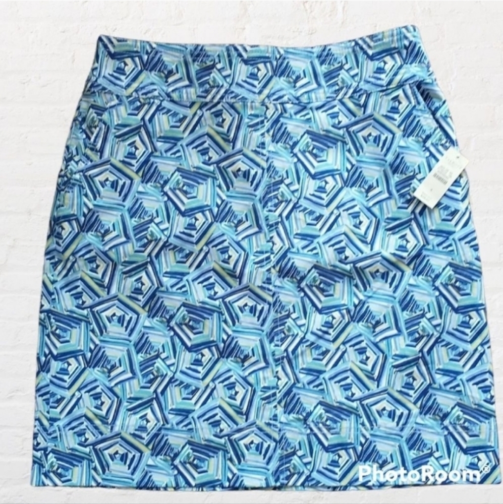 NEW Talbots mini pencil skirt pockets zipper geometric print blue white yellow 4